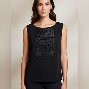 Piazza Sempione Black Sleeveless Top, Textured Front Panel,Size Medium Large.